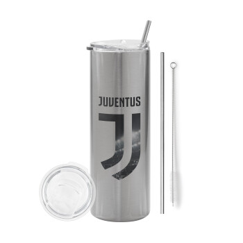 FC Juventus, Eco friendly ποτήρι θερμό Ασημένιο (tumbler) από ανοξείδωτο ατσάλι 600ml, με μεταλλικό καλαμάκι & βούρτσα καθαρισμού