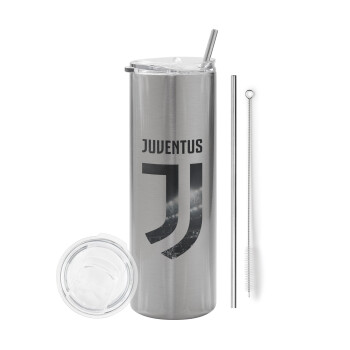 FC Juventus, Tumbler stainless steel Silver 600ml, with metal straw & cleaning brush