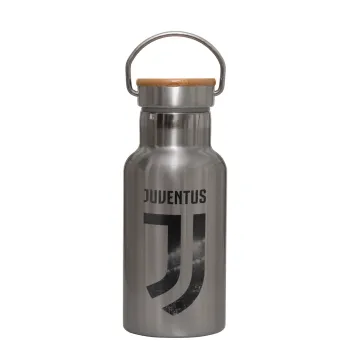 FC Juventus, Stainless steel metallic thermos flask, silver with a bamboo lid, double-walled, 350ml.