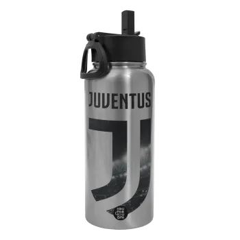 FC Juventus, Metal mug thermo Silver with Straw and Spout Lid (Stainless steel), double wall, 950ml