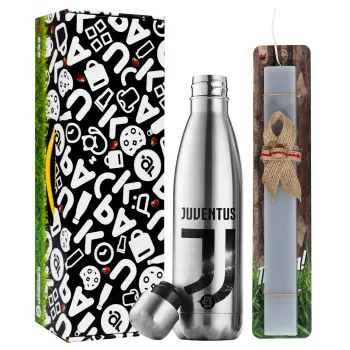 FC Juventus, Easter Set, metallic stainless thermos flask (500ml) & scented flat Easter candle (30cm) (GRAY)