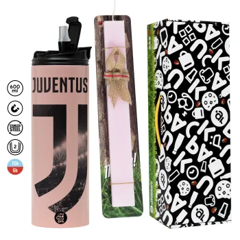 FC Juventus, Πασχαλινή Λαμπάδα με  ΡΟΖ Travel Tumbler θερμό (600ml, BPA free) & κερί αρωματικό πλακέ (30cm) (ΡΟΖ)