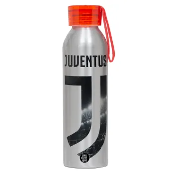 FC Juventus, Αλουμινένιο Αθλητικό Μπουκάλι 650ml – Ασημί με Κόκκινο Καπάκι και Λουράκι Σιλικόνης