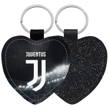 FC Juventus, Μπρελόκ PU δερμάτινο glitter καρδιά ΜΑΥΡΟ