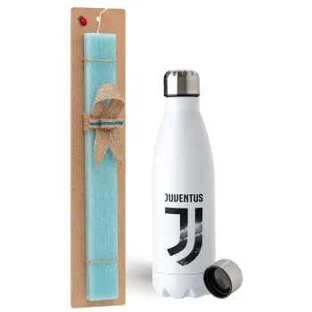 FC Juventus, Easter Set, metallic stainless steel water bottle (750ml) & aromatic flat Easter candle (30cm) (TURQUOISE)