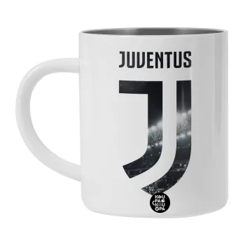 FC Juventus, Λευκή Ανοξείδωτη Μεταλλική Κούπα 450ml - Διπλού Τοιχώματος 
