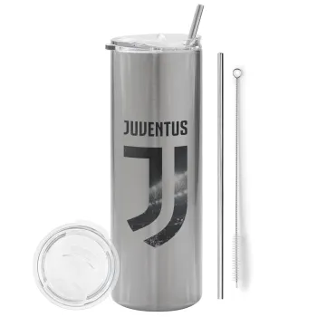 FC Juventus, Tumbler ποτήρι θερμό Ασημένιο από ανοξείδωτο ατσάλι 600ml, με μεταλλικό καλαμάκι & βούρτσα καθαρισμού