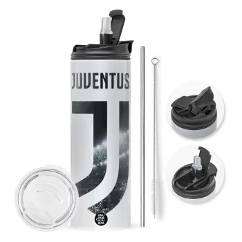 FC Juventus, Travel Tumbler 2 Lids, with metal straw & cleaning brush (Stainless steel 304 Food grade, BPA free, 600ml)
