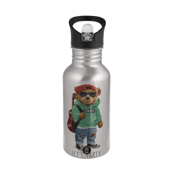 Let's Party Bear, Water bottle Silver with straw, stainless steel 500ml