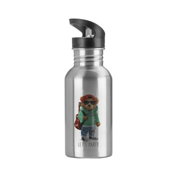 Let's Party Bear, Water bottle Silver with straw, stainless steel 600ml