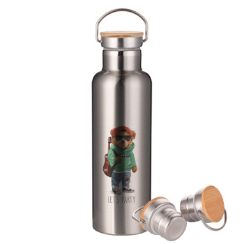Let's Party Bear, Stainless steel Silver with wooden lid (bamboo), double wall, 750ml