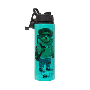 Let's Party Bear, Metallic water bottle with safety lid, 850ml aluminum