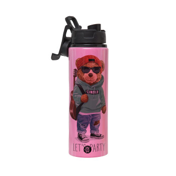 Let's Party Bear, Metallic water bottle with safety lid, 850ml aluminum