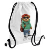Let's Party Bear, Τσάντα πλάτης πουγκί GYMBAG λευκή, με τσέπη (40x48cm) & χονδρά κορδόνια