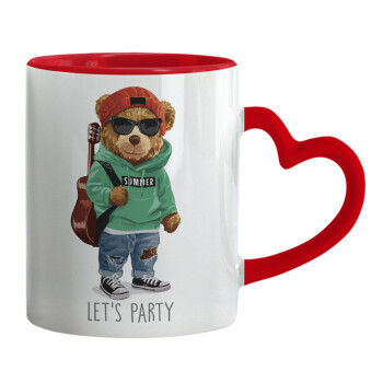 Let's Party Bear, Mug heart red handle, ceramic, 330ml