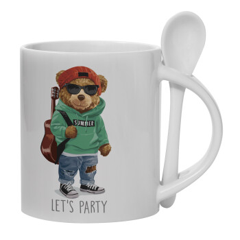 Let's Party Bear, Ceramic coffee mug with Spoon, 330ml (1pcs)