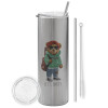 Tumbler stainless steel Silver 600ml, with metal straw & cleaning brush