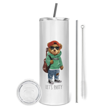 Let's Party Bear, Eco friendly stainless steel tumbler 600ml, with metal straw & cleaning brush
