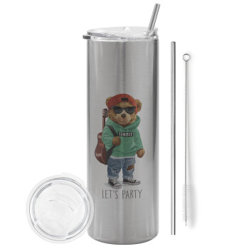 Let's Party Bear, Eco friendly stainless steel Silver tumbler 600ml, with metal straw & cleaning brush