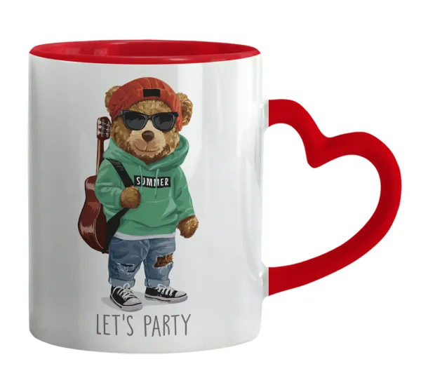 Let's Party Bear — Mug heart red handle, ceramic, 330ml