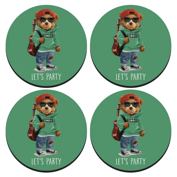 Let's Party Bear — ΣΕΤ 4 Σουβέρ ξύλινα στρογγυλά (9cm)