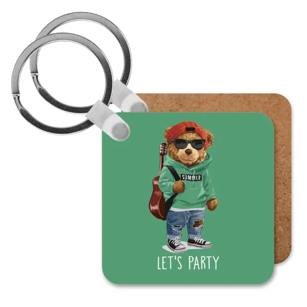 Let's Party Bear — Square wooden MDF keychain