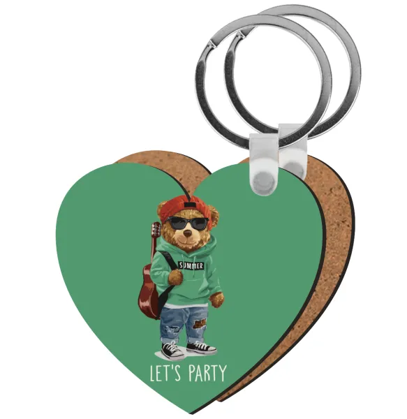Let's Party Bear — Heart wooden MDF keychain