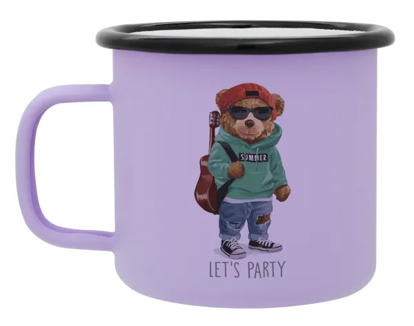 Let's Party Bear — Metal enamel mug, matte light pastel purple, 360ml