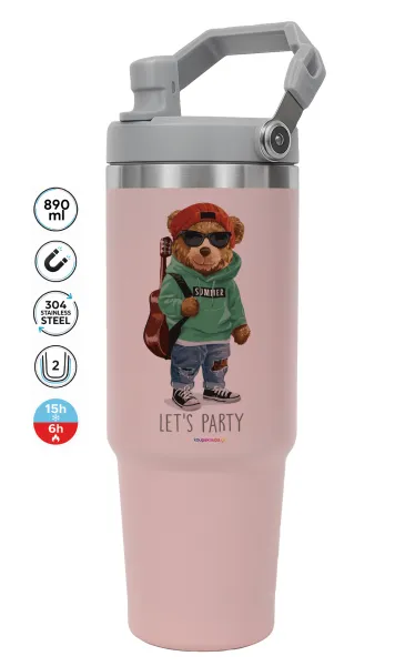 Let's Party Bear — PINK Travel Tumbler with Handle 890ml