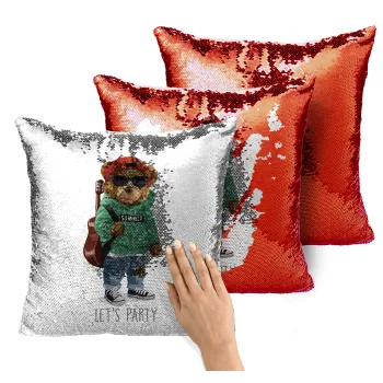 Let's Party Bear, Μαξιλάρι καναπέ Μαγικό Κόκκινο με πούλιες 40x40cm περιέχεται το γέμισμα