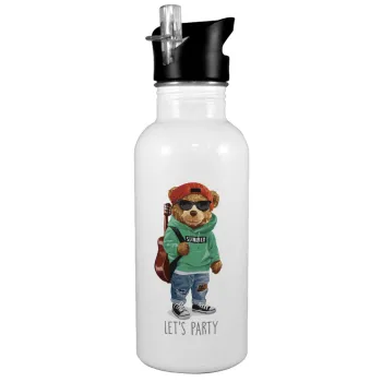 Let's Party Bear, White water bottle with straw, stainless steel 600ml