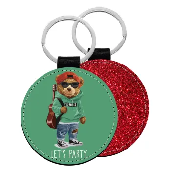 Let's Party Bear, Μπρελόκ Δερματίνη, στρογγυλό ΚΟΚΚΙΝΟ (5cm)