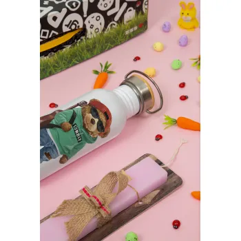 Let's Party Bear, Πασχαλινή Λαμπάδα με παγούρι μεταλλικό (620ml, stainless steel) & κερί αρωματικό πλακέ (30cm) (ΡΟΖ)