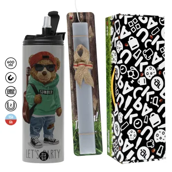 Let's Party Bear, Πασχαλινή Λαμπάδα με Travel Tumbler θερμό (600ml, BPA free) & κερί αρωματικό πλακέ (30cm) (ΓΚΡΙ)