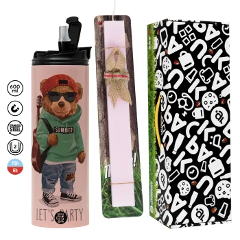 Let's Party Bear, Πασχαλινή Λαμπάδα με  ΡΟΖ Travel Tumbler θερμό (600ml, BPA free) & κερί αρωματικό πλακέ (30cm) (ΡΟΖ)
