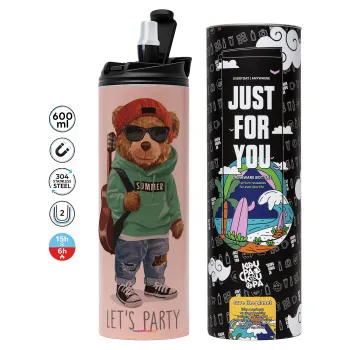 Let's Party Bear, Tumbler ποτήρι θερμό ΡΟΖ από ανοξείδωτο ατσάλι 600ml