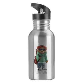 Let's Party Bear, Water bottle Silver with straw, stainless steel 600ml