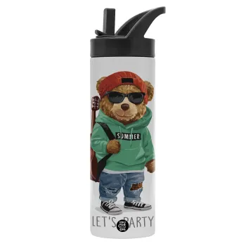 Let's Party Bear, Μεταλλικό παγούρι θερμός με καλαμάκι & χειρολαβή, ανοξείδωτο ατσάλι (Stainless steel 304), διπλού τοιχώματος, 600ml