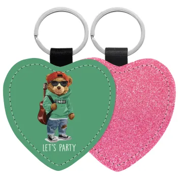 Let's Party Bear, Μπρελόκ PU δερμάτινο glitter καρδιά ΡΟΖ