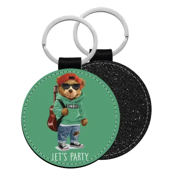 Let's Party Bear, Μπρελόκ Δερματίνη, στρογγυλό ΜΑΥΡΟ (5cm)