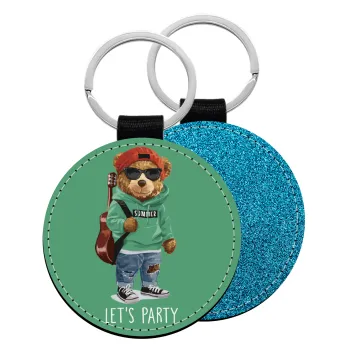 Let's Party Bear, Μπρελόκ Δερματίνη, στρογγυλό ΜΠΛΕ (5cm)