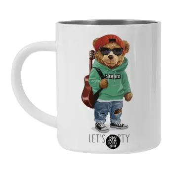 Let's Party Bear, Λευκή Ανοξείδωτη Μεταλλική Κούπα 450ml - Διπλού Τοιχώματος 