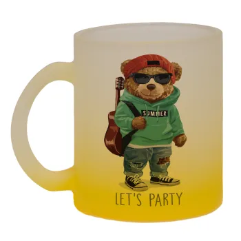 Let's Party Bear, Κούπα γυάλινη δίχρωμη με βάση το κίτρινο ματ, 330ml