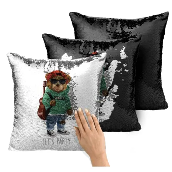 Let's Party Bear, Μαξιλάρι καναπέ Μαγικό Μαύρο με πούλιες 40x40cm περιέχεται το γέμισμα