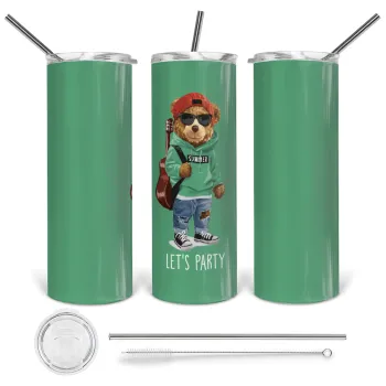 Let's Party Bear, Tumbler ποτήρι θερμό από ανοξείδωτο ατσάλι 600ml, με μεταλλικό καλαμάκι & βούρτσα καθαρισμού