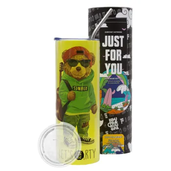 Let's Party Bear, Neon Yellow Travel Tumbler θερμό, μεταλλικό καλαμάκι(Ανωξείδωτο 304 Food grade, BPA free, 600ml)