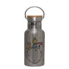Stainless steel metallic thermos flask, silver with a bamboo lid, double-walled, 350ml.