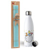 Easter Set, metallic stainless steel water bottle (750ml) & aromatic flat Easter candle (30cm) (TURQUOISE)