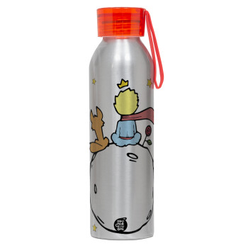 Little prince, Αλουμινένιο Αθλητικό Μπουκάλι 650ml – Ασημί με Κόκκινο Καπάκι και Λουράκι Σιλικόνης