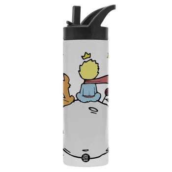 Little prince, Μεταλλικό παγούρι θερμός με καλαμάκι & χειρολαβή, ανοξείδωτο ατσάλι (Stainless steel 304), διπλού τοιχώματος, 600ml